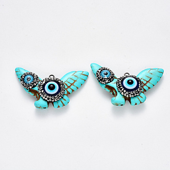 Synthetic Turquoise Pendants, with Polymer Clay Rhinestones, Evil Eye Resin and Iron Loop, Dyed, Butterfly, Gunmetal, Turquoise, PP12(1.8~1.9mm), 29~32x49x11.5mm, Hole: 2mm