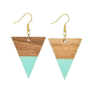 Resin & Walnut Wood Triangle Dangle Earrings, Golden Iron Long Drop Earrings, Medium Turquoise, 57x30.5mm