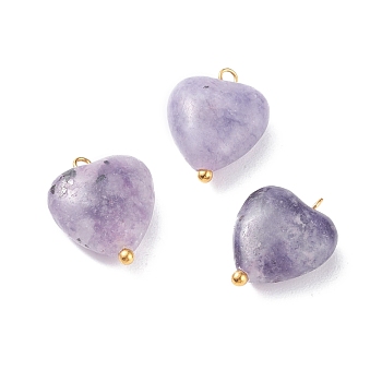 Natural Lepidolite/Purple Mica Stone Pendants, with Golden Tone Brass Loops, Heart, 15~15.5x12~12.5x5.5~6mm, Hole: 1.5mm