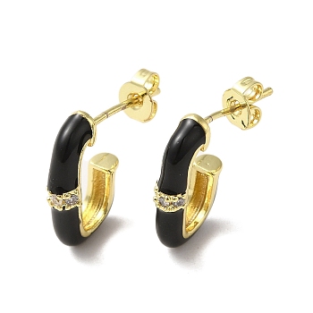 Real 18K Gold Plated Brass Oval Stud Earrings, Half Hoop Earrings with Enamel and Cubic Zirconia, Black, 17x3.5mm