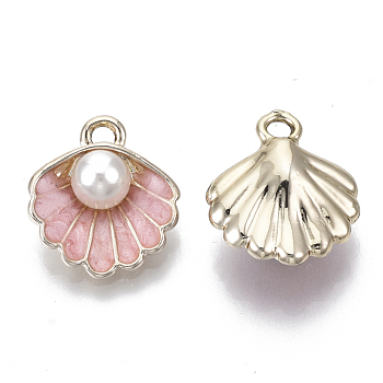 Alloy Pendants, with ABS Plastic Imitation Pearl & Enamel, Shell with Pearl, Light Gold, Pink, 16x15x7mm, Hole: 1.5mm