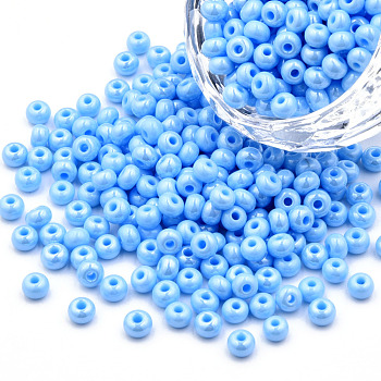 6/0 Czech Opaque Glass Seed Beads, Lustered, Round, Light Sky Blue, 4x3mm, Hole: 1.2mm, about 500g/bag