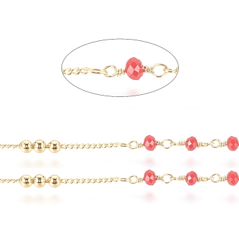 3.28 Feet Brass Handmade Beaded Chain, Curb Chains, with Faceted Glass Bead, Long-Lasting Plated, Unwelded, Real 18K Gold Plated, Red, 10x3mm, 45x2.8mm