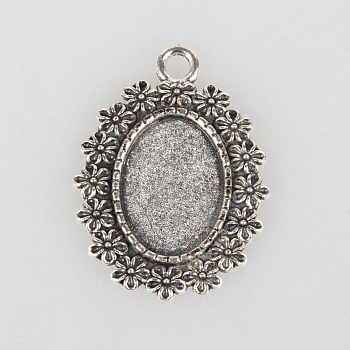 Tibetan Style Alloy Pendant Cabochon Settings, Cadmium Free & Lead Free, Oval with Flowers, Antique Silver, Tray: 13x18mm, 33x25x2mm, Hole: 3mm