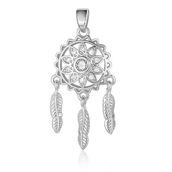 Brass Micro Pave Cubic Zirconia Pendants, Woven Net/Web with Feather Charms, Platinum, 26x14x2.4mm