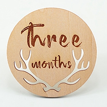 Basswood Milestone Cards, with Word, Flat Round with Three Months, BurlyWood, 100x3mm, 12pcs/set