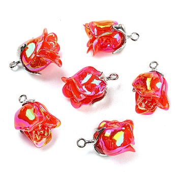 Opaque Resin Pendants, AB Color, Flower Charms with Platinum Tone Alloy Leaf, Red, 18.5x10x10mm, Hole: 1.4mm