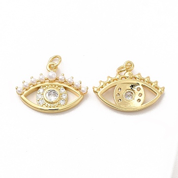 Rack Plating Brass Cubic Zirconia Pendants, with Plastic Imitation Pearl & Jump Ring, Cadmium Free & Lead Free, Real 18K Gold Plated, Long-Lasting Plated, Eye Charm, Clear, 16.5x22x3mm, Hole: 3mm