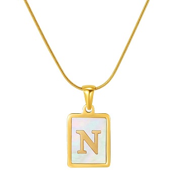 Stainless Steel Snake Bone Chain Alphabet Necklace with Shell Pendant, Letter N, Golden