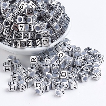 Antique Silver Plated Large Hole Acrylic European Beads, Horizontal Hole, Cube with Random Letters, 6x6x6mm, Hole: 4mm, about 295pcs/50g
