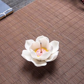 Porcelain Incense Burners, Lotus with Leaf Incense Holders, Home Office Teahouse Zen Buddhist Supplies, Yellow, 65~73x30~36mm