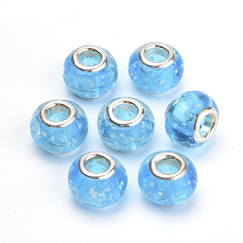 Handmade Luminous Lampwork European Beads, with Brass Double Cores, Large Hole Beads, Rondelle, Deep Sky Blue, 14~14.5x10~11mm, Hole: 5mm