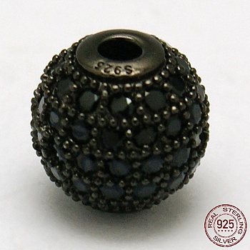 Round 925 Sterling Silver Beads, with Micro Pave Cubic Zirconia, Gunmetal, 6mm, Hole: 1mm