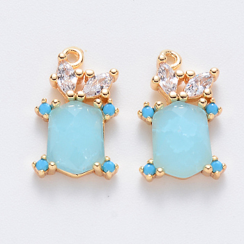 Brass Cubic Zirconia & Glass Charms, Nickel Free, Tortoise, Real 18K Gold Plated, Light Cyan, 14.5x9x4mm, Hole: 1mm