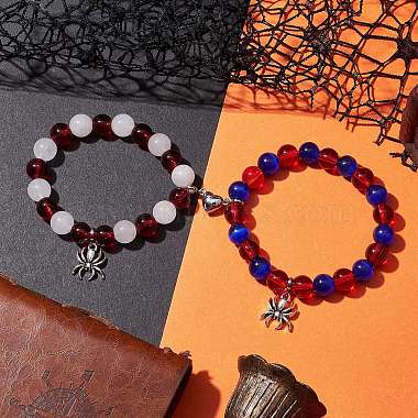 2Pcs 10mm Round Natural White Jade & Red Glass & Blue Cat Eye Beaded Stretch Bracelet Sets for Lover(BJEW-JB10325-05)-2