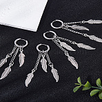 4Pcs Stainless Steel Hoop Earrings for Women, Feather with Chain Charm, Antique Silver, 70mm(EJEW-LP0001-56)