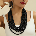 Wood Beaded Multilayer Necklaces & Dangle Earrings Sets, Black, 640~720mm(WG1A9CE-07)