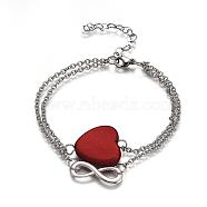 304 Stainless Steel Multi-strand Cable Chain Bracelets, with Alloy Infinity Links and Rubberized Style Acrylic Beads, Heart, Red, 7-5/8 inch(19.5cm)(BJEW-JB04503)
