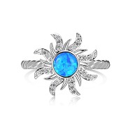 Sun Rhodium Plated 925 Sterling Silver Wide Band Rings, with Synthetic Opal, Real Platinum Plated, Inner Diameter: 17.2mm(RJEW-P100-02P)