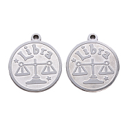 201 Stainless Steel Pendants, Flat Round with Twelve Constellation, Laser Cut, Stainless Steel Color, Libra, 25x22x1.5mm, Hole: 2mm(STAS-R106-03)