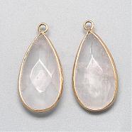 Natural Quartz Crystal Pendants, Rock Crystal, with Golden Tone Brass Findings, Faceted, teardrop, Clear, 32.5~33x16x6mm, Hole: 2.5mm(G-S221-13G)
