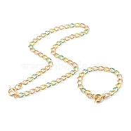 Brass Enamel Curb Chain Necklaces & Bracelets Jewelry Sets, with 304 Stainless Steel Toggle Clasps, Colorful, Golden, 7-1/4 inch(18.4cm), 17.36 inch(44.1cm), 2pcs/set(SJEW-JS01197)