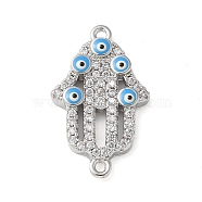 Brass Micro Pave Cleear Cubic Zirconia Evil Eye Hamsa Hand Connector Charms, with Enamel, Religion Links, Cadmium Free & Lead Free, Long-Lasting Plated, Rack Plating, Platinum, 24x14.5x4mm, Hole: 1.2mm(KK-C086-15B-P02)