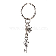 Iron Split Keychains, with Alloy Pendants, Key & Heart, Antique Silver, 7.5cm(KEYC-JKC00608-02)