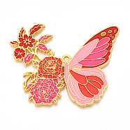 Rack Plating Alloy Enamel Big Pendants, Cadmium Free & Nickel Free & Lead Free, Butterfly with Flower Charms, Golden, Crimson, 56x69.5x2mm, Hole: 2.5mm(ENAM-N056-399G-G)