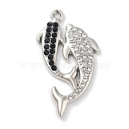 Alloy Rhinestone Pendants, Dolphin Charm, Platinum, Jet, 42x23x3mm, Hole: 1.8mm(ALRI-S001-09P-02)