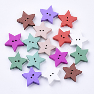2-Hole Spray Painted Wooden Buttons, Star, Mixed Color, 18x18.5x4mm, Hole: 1.2mm(BUTT-T007-006A-01)