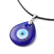 Blue Lampwork Evil Eye Pendant Necklace with Waxed Cord for Women, Teardrop Pattern, Pendant: 41x30x5mm, 17.64~17.72 inch(44.8~45cm)(NJEW-JN03955-01)