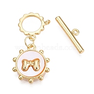 Brass Toggle Clasps, with Shell, Flat Round with Bowknot, Real 18K Gold Plated, 14.5x12.5x2.5mm, Hole: 1.5mm, Bar: 4.5x16x2mm, Hole: 1.2mm, Ring: 9.5x10.5x2mm, Hole: 1.2mm(KK-N254-158G)