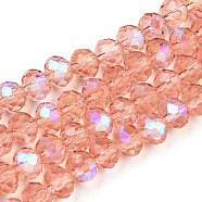 Electroplate Glass Beads Strands, Half Rainbow Plated, Faceted, Rondelle, Salmon, 4x3mm, Hole: 0.4mm, about 123~127pcs/strand, 16.5~16.9 inch(42~43cm)(EGLA-A034-T4mm-L24)