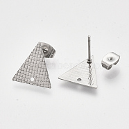 304 Stainless Steel Stud Earring Findings, with Ear Nuts/Earring Backs, Triangle, Stainless Steel Color, 13.5x13mm, Hole: 1mm, Pin: 0.7mm(STAS-S079-69B)