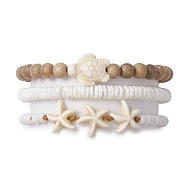 3Pcs 3 Styles Tortoise Round Wood & Disc Sea Shell Beaded Stretch Bracelet Sets, Summer Beach Starfish Synthetic Turquoise Braided Bead Adjustable Stackable Bracelets for Women Men, Inner Diameter: 2-1/8~3-3/8 inch(5.28~8.45cm), 1pc/style(BJEW-JB10311)