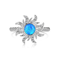 Sun Rhodium Plated 925 Sterling Silver Wide Band Rings, with Synthetic Opal, Real Platinum Plated, Inner Diameter: 17.2mm(RJEW-P100-02P)