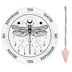 AHADEMAKER 1Pc Cone/Spike/Pendulum Natural Rose Quartz Stone Pendants, 1Pc 304 Stainless Steel Cable Chain Necklaces, 1Pc PVC Custom Pendulum Board, Dowsing Divination Board, Dragonfly Pattern, 3pcs/set(DIY-GA0004-24G)