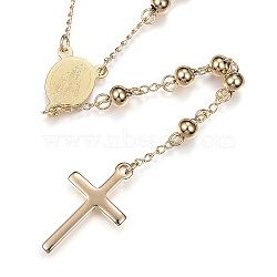 304 Stainless Steel Rosary Bead Necklaces, with Cross Pendant and Lobster Claw Clasps, Golden, 25.6 inch(65cm)(NJEW-D285-41G)