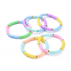Stretch Bracelets, with Handmade Polymer Clay Heishi Beads and Brass Spacer Beads, Mixed Color, 2-1/8 inch(5.3cm)(BJEW-JB04479)