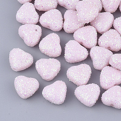 Opaque Acrylic Beads, with Glitter Powder, Heart, Pink, 8x9.5x5.5mm, Hole: 1.4mm(X-MACR-T033-06A)