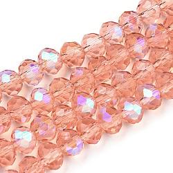 Electroplate Glass Beads Strands, Half Rainbow Plated, Faceted, Rondelle, Salmon, 4x3mm, Hole: 0.4mm, about 123~127pcs/strand, 16.5~16.9 inch(42~43cm)(EGLA-A034-T4mm-L24)