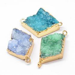 Electroplated Natural & Dyed Druzy Agate Links connectors, with Golden Plated Brass Findings, Rhombus, Mixed Color, 29~32x18~19x7~10mm, Hole: 2mm(G-N0168-017)
