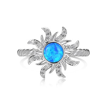Sun Rhodium Plated 925 Sterling Silver Wide Band Rings, with Synthetic Opal, Real Platinum Plated, Inner Diameter: 17.2mm