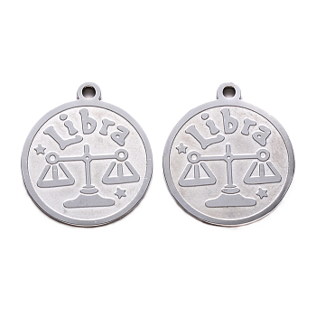 201 Stainless Steel Pendants, Flat Round with Twelve Constellation, Laser Cut, Stainless Steel Color, Libra, 25x22x1.5mm, Hole: 2mm