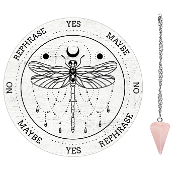 AHADEMAKER 1Pc Cone/Spike/Pendulum Natural Rose Quartz Stone Pendants, 1Pc 304 Stainless Steel Cable Chain Necklaces, 1Pc PVC Custom Pendulum Board, Dowsing Divination Board, Dragonfly Pattern, 3pcs/set