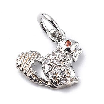 Brass Micro Pave Cubic Zirconia Charms, with Jump Ring, Squirrel Charms, Platinum, 11x10x2.3mm, Hole: 3.2mm