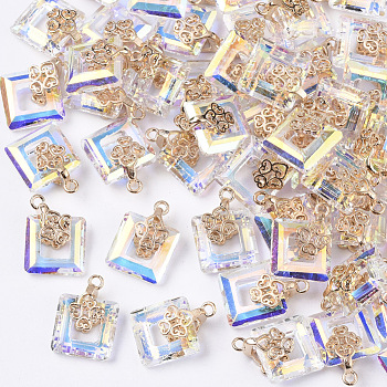 Electroplate Glass Charms, with Light Gold Plated Brass Ice Pick Pinch Bails, Rectangle, Clear AB, 14x10x5.5mm, Hole: 1mm