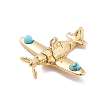 Ion Plating(IP) 304 Stainless Steel Pendants, Plane Charms, with Synthetic Turquoise, Golden, 24.5x28.3x8.1mm, Hole: 1.5mm
