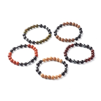 Non-Magnetic Synthetic Hematite Beads Stretch Bracelets, with Natural Wood Beads, Round, Mixed Color,  Inner Diameter: 2-5/8 inch(6.6cm), 8mm
